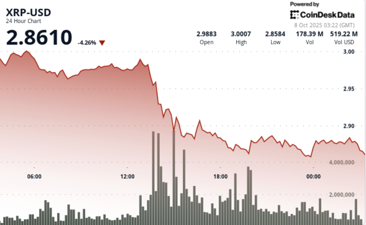加密货币 XRP 价格跌至 2.90 美元支撑位,5 亿美元清算背后的看涨押注风险